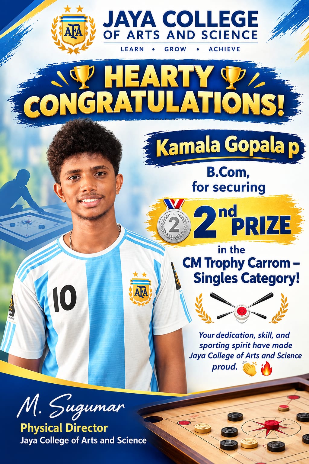 CM Trophy Carrom Singles 2nd Prize - Kamala Gopala P